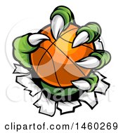Clipart Of A Green Monster Claws Ripping Through Metal With A Basketball Royalty Free Vector Illustration