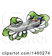 Poster, Art Print Of Green Monster Claws Playing A Video Game With A Controller