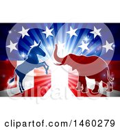 Clipart Of A Silhouetted Political Democratic Donkey Or Horse And Republican Elephant Fighting Over An American Design And Burst Royalty Free Vector Illustration