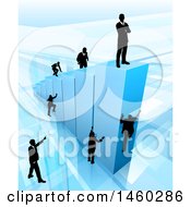Clipart Of A 3d Blue Bar Graph With Silhouetted Business Men Competing To Reach The Top Royalty Free Vector Illustration