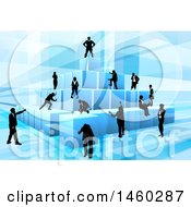 Poster, Art Print Of Team Of Silhouetted Business Men And Women Assembling A Pyramid Of 3d Blue Cubes On Blue