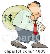 Poster, Art Print Of Greedy Businessman Carrying A Heavy Sack Of Money On His Back