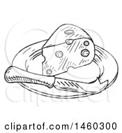 Clipart Of A Black And White Vintage Engraved Knife And Cheese Wedge On A Plate Royalty Free Vector Illustration