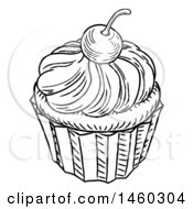 Clipart Of A Black And White Vintage Engraved Cupcake Royalty Free Vector Illustration