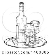 Poster, Art Print Of Black And White Vintage Engraved Wine Bottle And Glasses