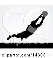 Poster, Art Print Of Black Silhouetted Goal Keeper Soccer Player Blocking The Ball Over Gray