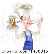 White Male Chef With A Curling Mustache Holding A Souvlaki Kebab Sandwich On A Tray And Gesturing Perfect