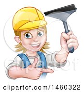 Poster, Art Print Of Cartoon Happy White Female Window Cleaner In Blue Pointing And Holding A Squeegee