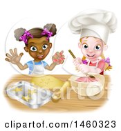 Poster, Art Print Of Cartoon Happy White And Black Girls Making Pink Frosting And Star Shaped Cookies