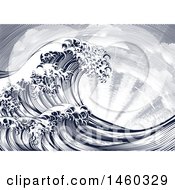 Clipart Of A Vintage Styled Japanese Great Wave And Sun Rays Royalty Free Vector Illustration