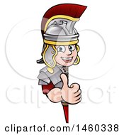 Clipart Of A Cartoon Happy Roman Soldier Giving A Thumb Up Around A Sign Royalty Free Vector Illustration