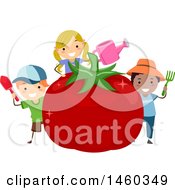 Poster, Art Print Of Group Of Children Holding Gardening Tools Around A Giant Tomato