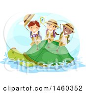 Poster, Art Print Of Group Of Explorer Children Riding On A Turtle