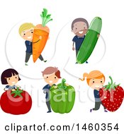 Clipart Of A Group Of Children With Giant Vegetables And Fruit Royalty Free Vector Illustration
