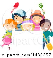 Poster, Art Print Of Group Of Children With Gardening Tools Around A Blank Sign