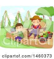 Clipart Of A Happy Boy And Girl Relaxing After Harvesting Royalty Free Vector Illustration