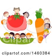 Poster, Art Print Of Groups Of Children With A Giant Tomato Carrot And Bean Pod