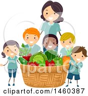 Poster, Art Print Of Group Of Children And Teacher With A Giant Produce Harvest Basket