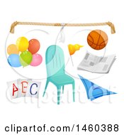 Clipart Of Different Elements For Kiddie Party Games Like Rope Ball Newspaper Balloons Cards Scarf And Chair Royalty Free Vector Illustration by BNP Design Studio