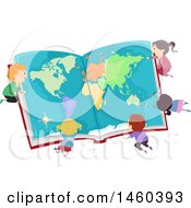 Clipart Of A Group Of Children Studying A Map In A Book Royalty Free Vector Illustration