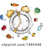 Sketched Ringing Alarm Clock Plate With Silverware And Food
