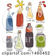 Poster, Art Print Of Sketched Condiments Like Ketchup Mustard Olive Oil Hot Sauce Pepper Vinegar Soy Sauce Wasabi And Sliced Pickle