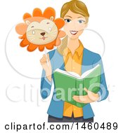 Poster, Art Print Of Blond White Female Teacher Holding A Lion Mask And Reading A Story Book
