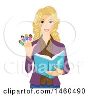 Poster, Art Print Of Blond White Female Teacher Reading A Book And Wearing Finger Puppets