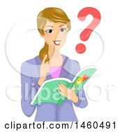 Poster, Art Print Of Blond White Female Teacher Asking A Question And Reading A Book