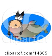 Poster, Art Print Of Odd Creature That Is Part Fish And Part Native American Indian With A Human Head Braids And Two Feathers