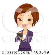 Clipart Of A Short Haired Brunette Caucasian Business Woman Wearing An Earpiece And Using A Smart Phone Royalty Free Vector Illustration