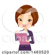 Clipart Of A Short Haired Brunette Caucasian Business Woman Looking Through Paper Work Royalty Free Vector Illustration by BNP Design Studio