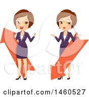 Poster, Art Print Of Short Haired Brunette Caucasian Business Woman With Up And Down Arrows