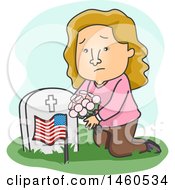 Cartoon Sad Woman Kneeling And Placing Flowers On A Grave