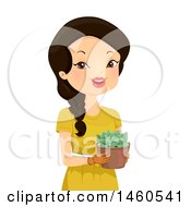 Poster, Art Print Of Happy Woman Holding A Potted Succulent Graptoveria Moonglow Plant