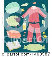 Clipart Of Pajamas Pillows Sheep Orange Juice Feather Hair Brush And Diary Royalty Free Vector Illustration