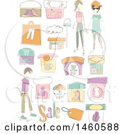 Poster, Art Print Of Sketched Clothing Shops Boutiques Sales Tag And People