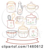 Poster, Art Print Of Embroidered Country Style Kitchen Elements With Ribbon And Various Containers