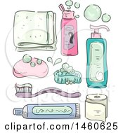 Poster, Art Print Of Sketched Towel Shampoo Soap Tooth Brush Tooth Paste Tissue And Lotion