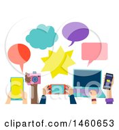 Poster, Art Print Of People Holding Different Gadgets Like Tablet Camera Console Laptop And Cellphone With Speech Bubbles