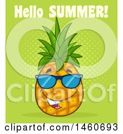 Clipart Of A Pineapple Mascot Wearing Sunglasses With Hello Summer Text On Green Royalty Free Vector Illustration by Hit Toon