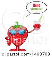 Clipart Of A Strawberry Mascot Character Wearing Sunglasses Saying Hello Summer And Holding A Glass Of Juice Royalty Free Vector Illustration