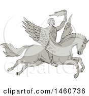 Poster, Art Print Of Bellerophon Hero Riding Pegasus In Sketched Drawing Style