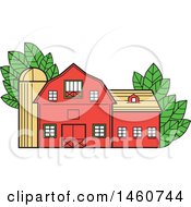 Vintage Red American Barn With Leaves In Mono Line Style