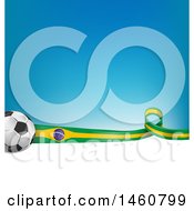 Poster, Art Print Of 3d Soccer Balls And Brazilian Flag Ribbon Over White Space And Gradient Blue