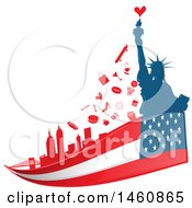 Poster, Art Print Of American Flag And Statue Of Liberty And Icons Background