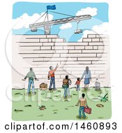 Sketch Of People At A Border Wall Being Built By A Crane With An European Flag