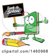 Clipart Of A Cartoon Green Book Mascot Holding A Back To School Sign And Giving A Thumb Up Royalty Free Vector Illustration