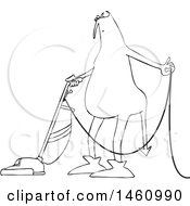 Clipart Of A Cartoon Black And White Chubby Devil Vacuuming Royalty Free Vector Illustration