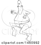 Clipart Of A Cartoon Black And White Chubby Man Running In His Underwear Royalty Free Vector Illustration